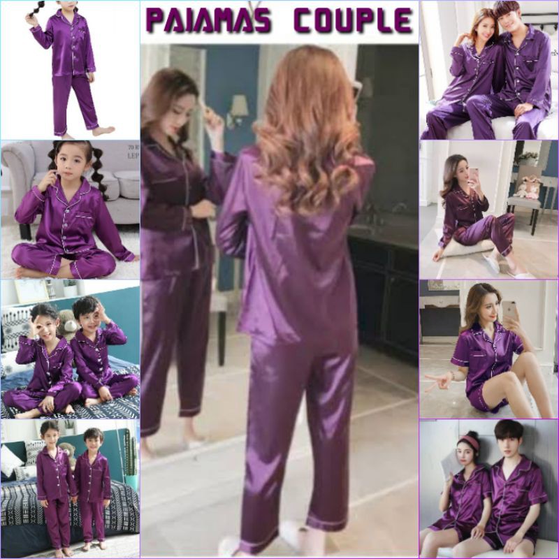 Baju Tidur Couple Lengan Panjang Satin Polos Baju Tidur Set Lengan Satin Pasangan Keluarga Piyama