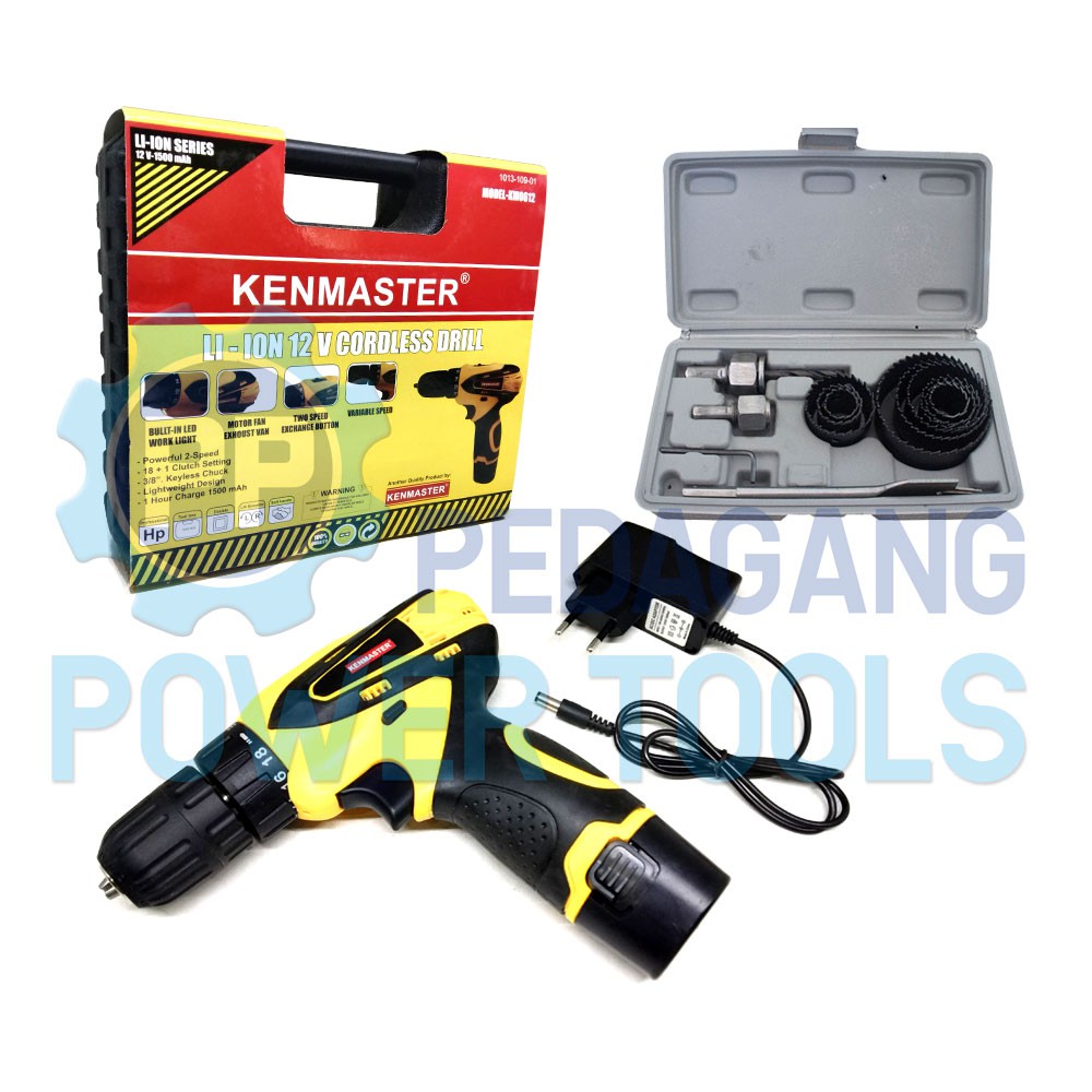 KENMASTER KM0612 BOR CORDLESS 12V &amp; MATA BOR KAYU HOLESAW SET 13 PCS