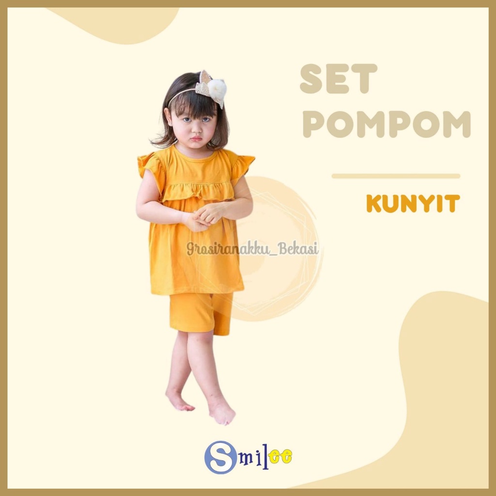 Setelan Anak Kaos Smilee Pompom Warna Kuning Kunyit Size 1-5Tahun