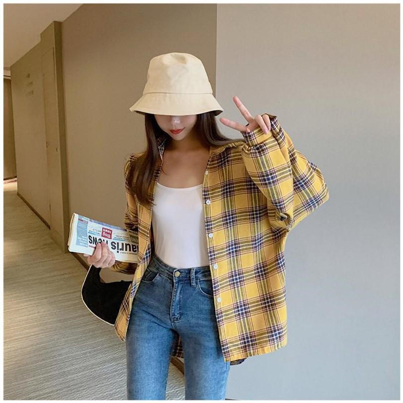 IOS SHOP - Kate Kemeja Katun Impor Casual Wanita Korea Fashion Girls Atasan Lengan Panjang Kotak Kotak-4