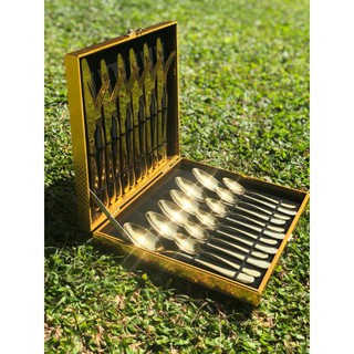 full gold luxury cutlery set with gift box 24 pcs sendok set | Shopee