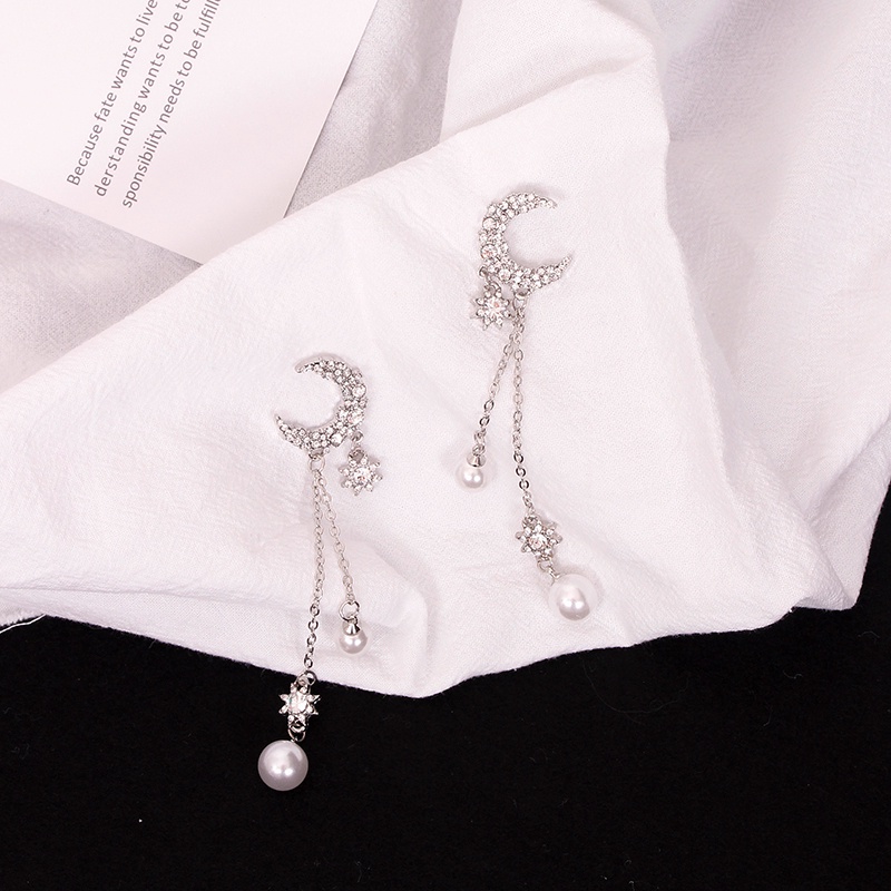 Anting Rumbai Panjang Desain Bulan Sabit Aksen Berlian Imitasi Bahan 925 Silver Needle Gaya Korea Untuk Wanita