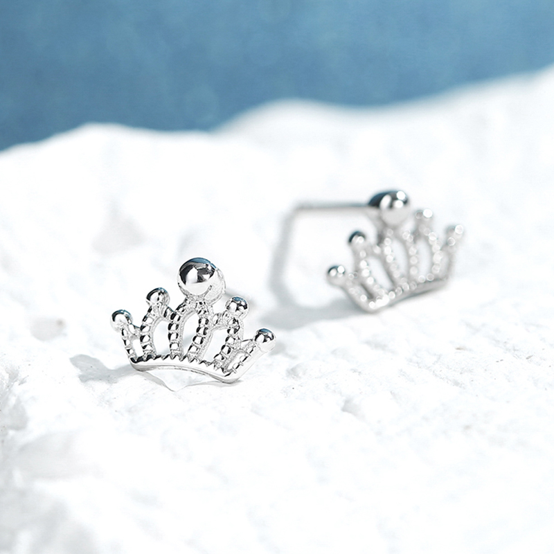 Anting Perak Mahkota Simple Crown Silver Earrings Stud Charm Trendy Hollow Party Earring Women Ear Jewelry Gift