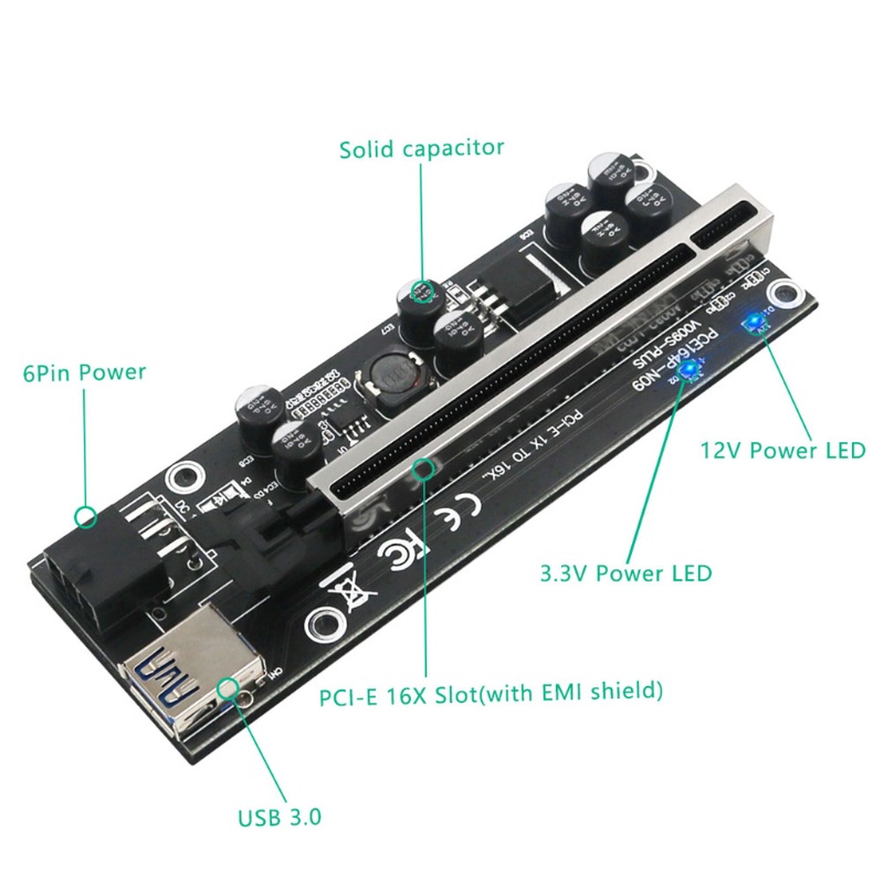 Btsg 6pin Card 15pin PCIE 1X 4X 8X 16x EPCI-E Riser Extender Kawat PCIE USB 3.0 PCI E Riser Gold Graphic Card 6pin Port