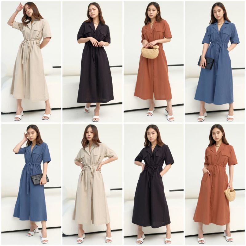 ❣️ SPECIAL PRICE ♡ PREMIUM ♡ ORIGINAL ! JEANNE LINEN VINTAGE COLLAR BUTTON POCKET TIED MIDI DRESS LONG OUTER ( BUSUI FRIENDLY )