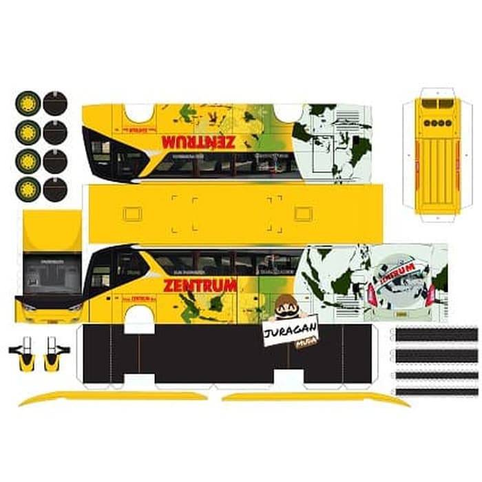 DIY Miniatur Bus Zentrum Kuning Papercraft Lembaran