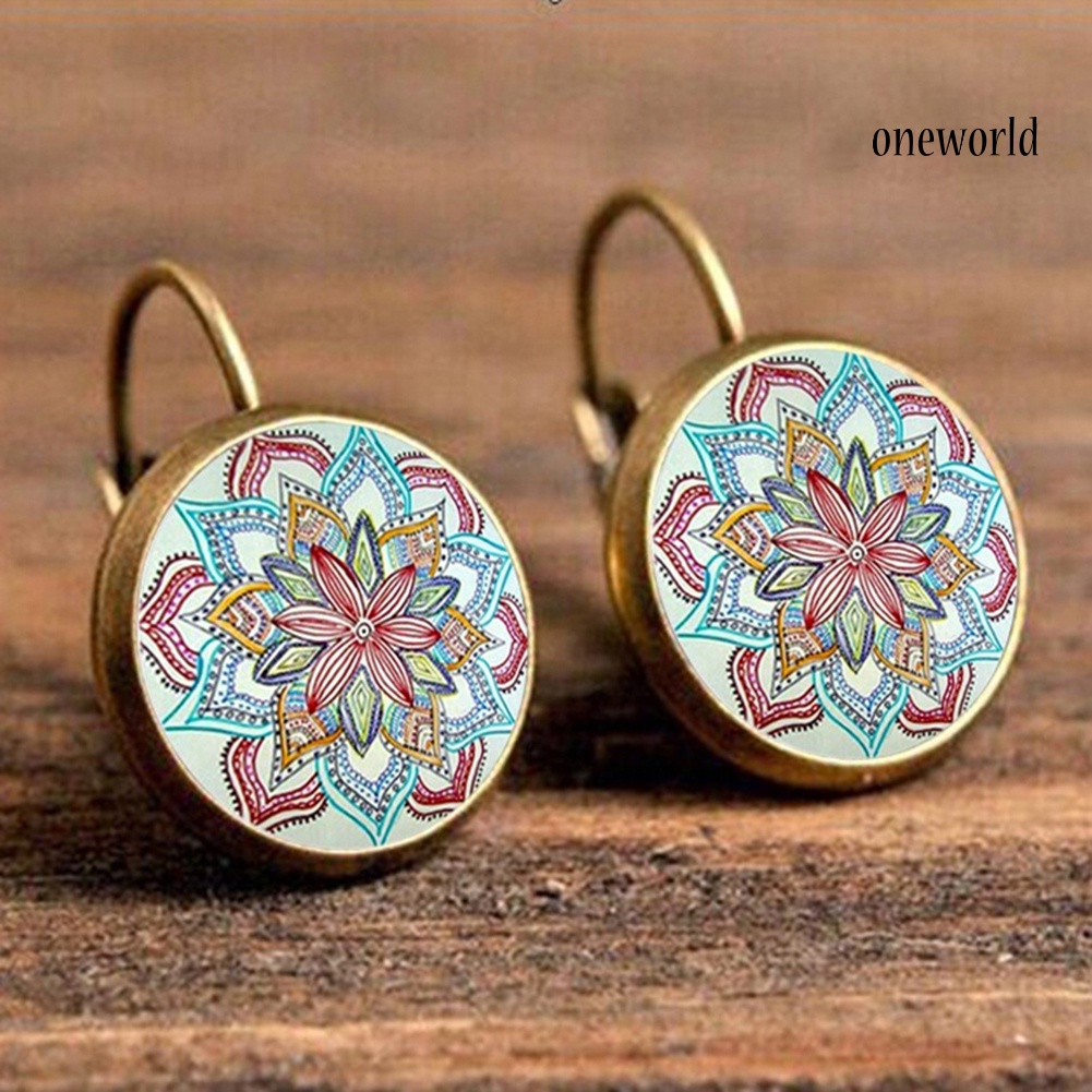 OW@ Vintage Unique Women Mandala Flower Alloy Hook Earrings Lady Ear Jewelry Gift