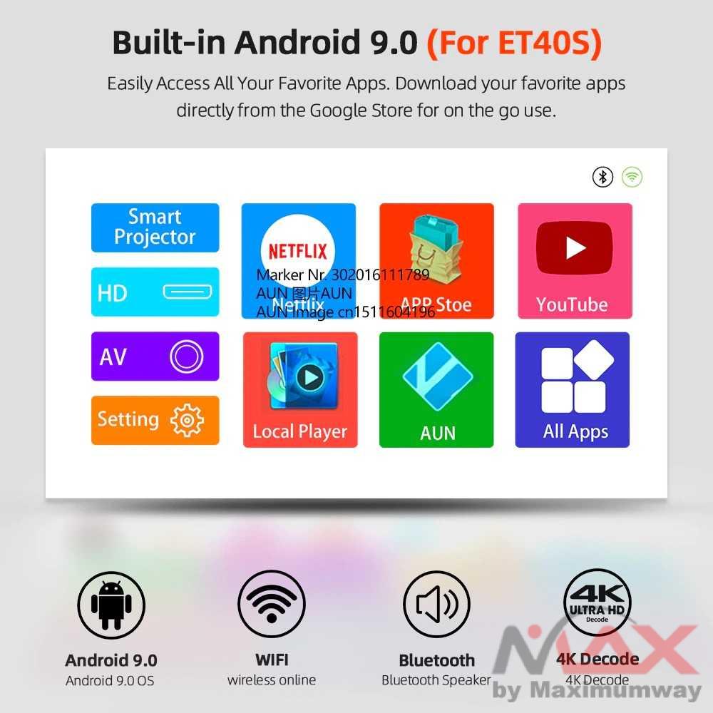 AUN Proyektor Bioskop Rumah Built-in Android 9.0  Layar Bisa 3meter Smart android TV Portable Projector Android 9.0 1080P 4000 lumens ET40S Home Entertainment Projector Office Projector Presentation Profesional Smart TV