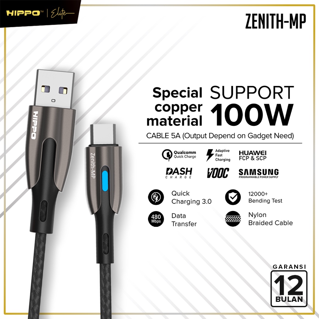 Hippo Zenith MP Kabel Data USB Type C 5A Fast Charging Support 100W Original