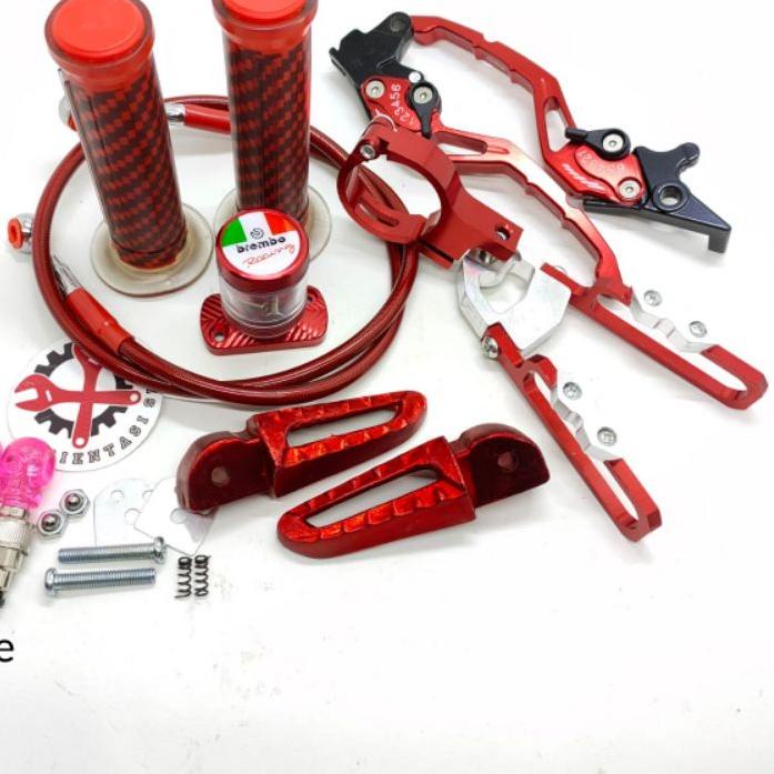 Handle sisik stelan cnc baet+ handgrip carbon+ selang rem depan 95cm+ kleman selang+ footstep scoopy