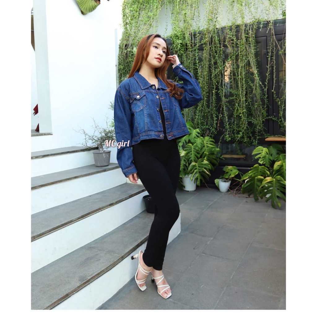MC girl - Jaket Jeans Crop Gambar Belakang Wanita / Jacket Denim Body Pendek Gambar