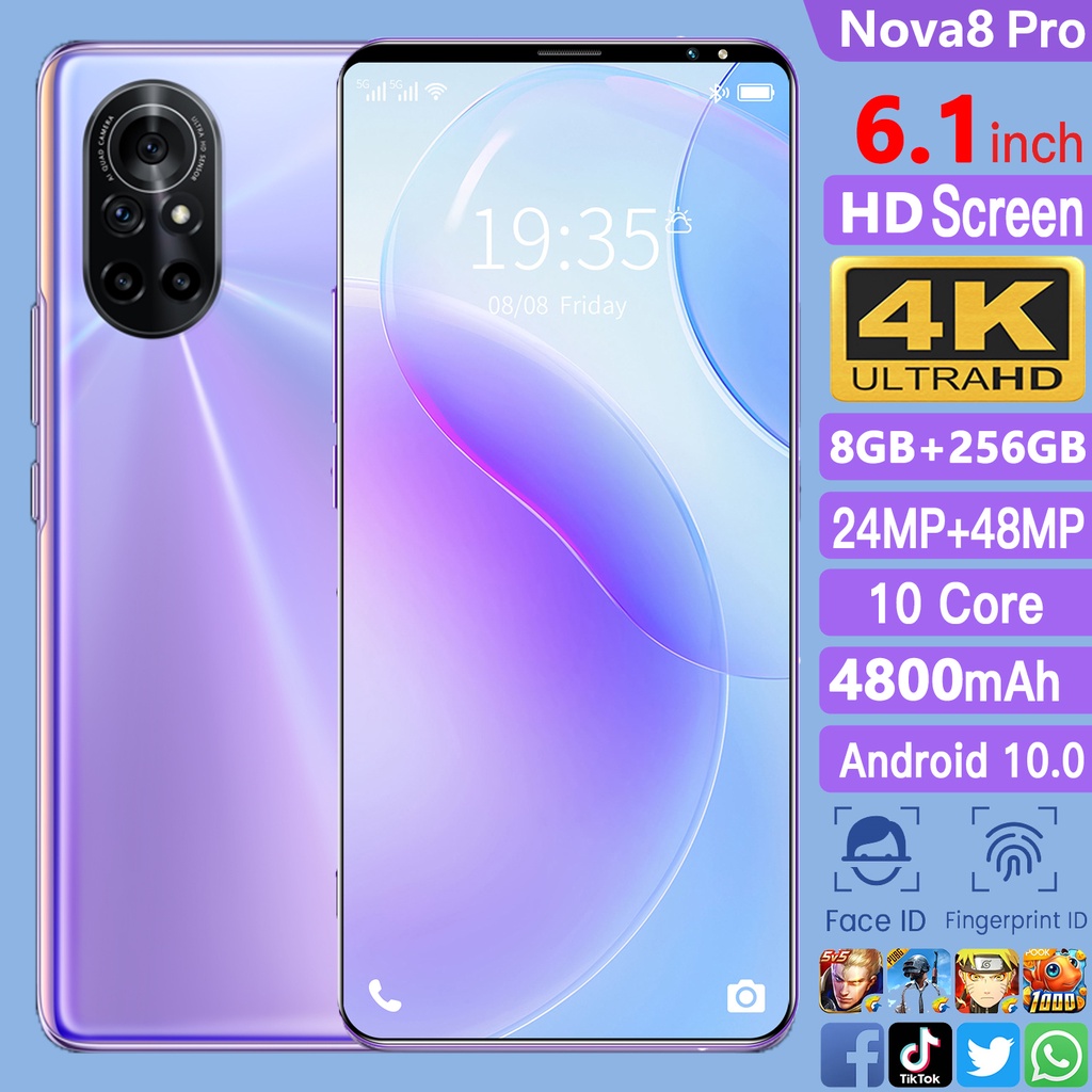 【2023 Brand New】WL  Baru 5G Handphone Nova8 Pro 6.1-inch SmartPhone HD Layar Dual SIM 8GB + 128GB /256GB Ponsel Android Lainnya