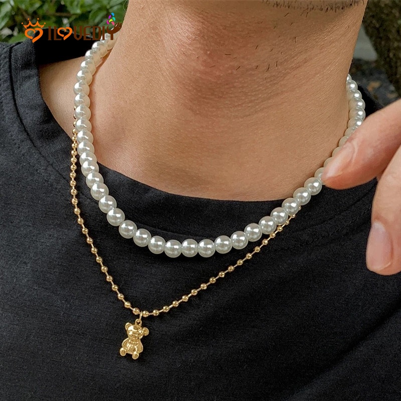 Kalung Rantai Choker Liontin Beruang Mutiara Lapisan Ganda Gaya Punk Hip-Hop Untuk Aksesoris Perhiasan Unisex