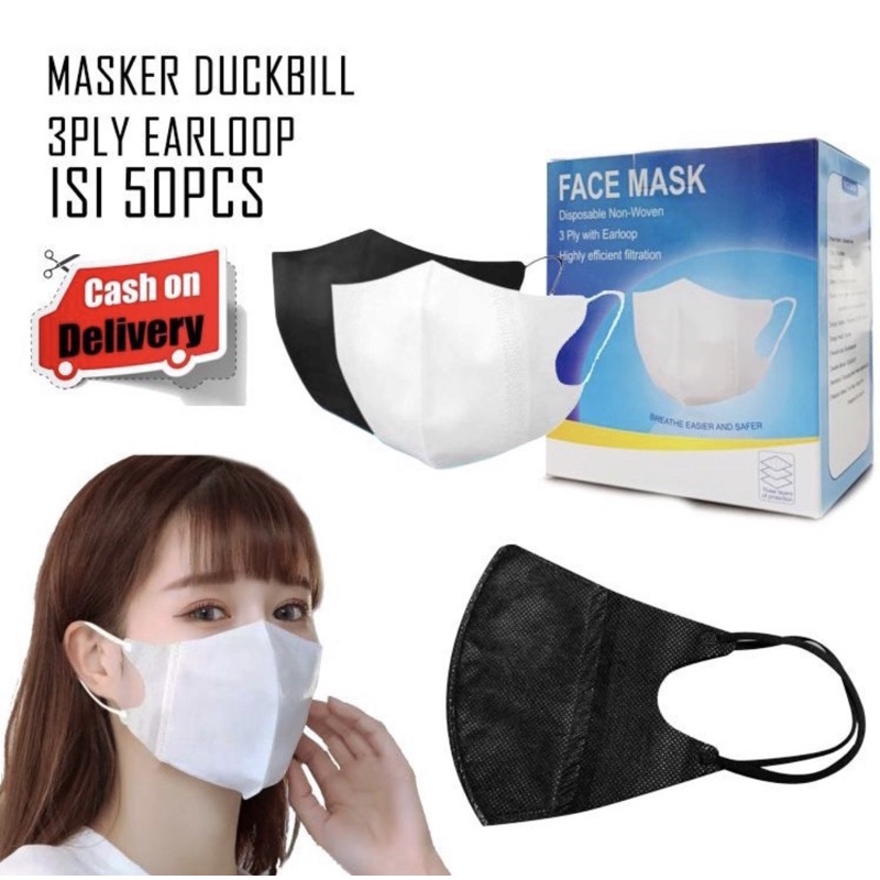 MASKER DUCKBILL 50 PCS / MASKER DUCKBILL HITAM PUTIH / MASKER DUCKBILL 3D