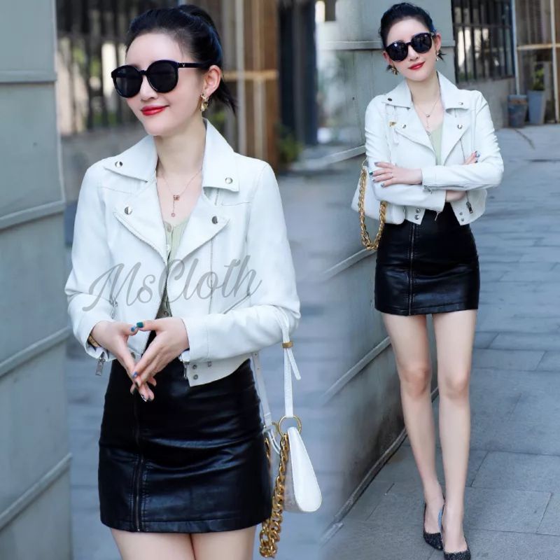 Jaket crop white wanita/ jaket kulit sintetis wanita/ jaket semi kulit wanita