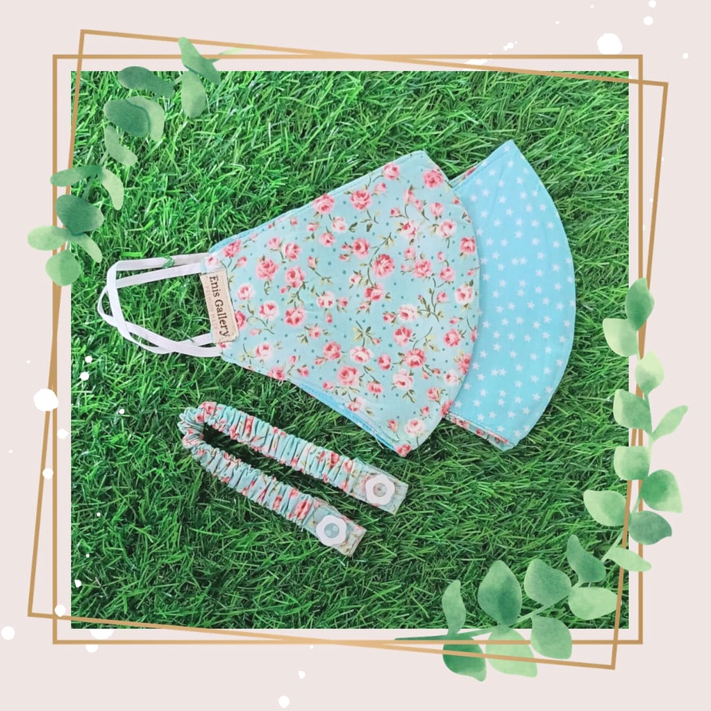 MASKER KAIN 3 PLY BOLAK BALIK - MOTIF BUNGA BIRU MUDA