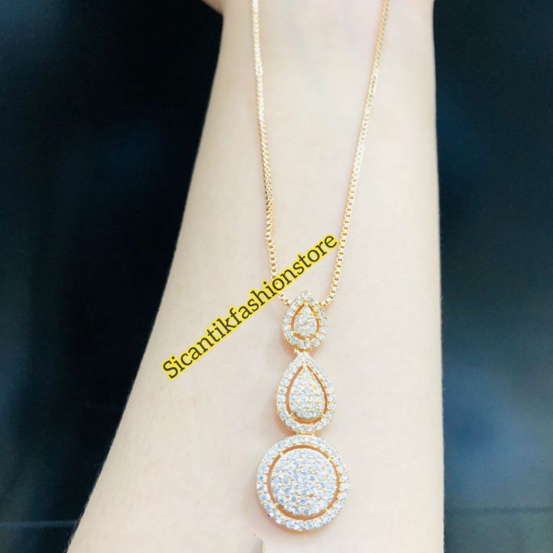 Kalung Titanium Wanita Liontin Tingkat 3 full diamond wanita 45 cm Terlaris Anti Karat selamanya Kalung Wanita Kekinian Mewah Terbaru Liontin Tingkat 3