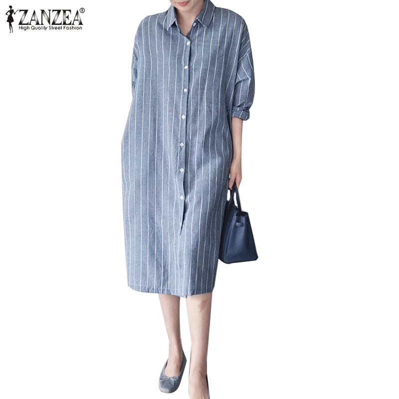 ZANZEA Women Fashion Casual Full Sleeve Cotton Stripe Printed Retro Elegant Midi Dress