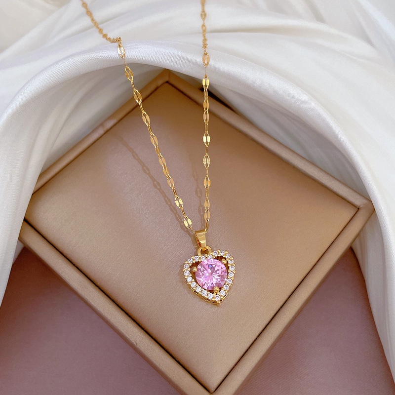 Kalung Rantai Emas 18K Dengan Liontin Hati Hias Batu Zircon Kubik Hypoallergenic Untuk Wanita