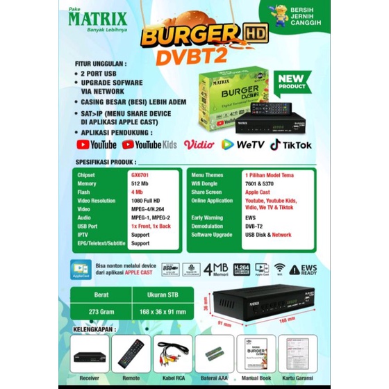 Set Top Box Matrix BURGER HIJAU DVB Resmi garansi 1thn