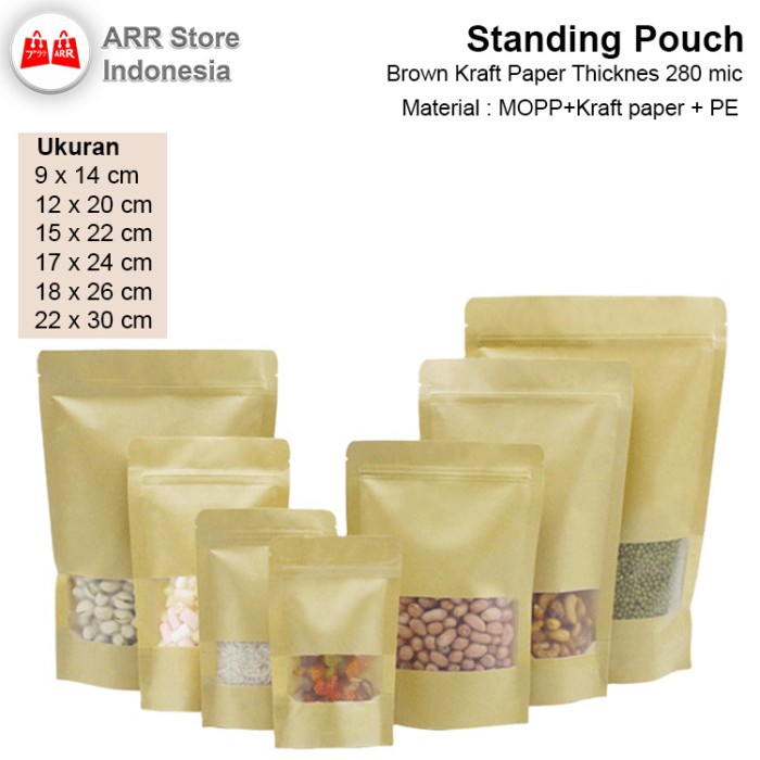 Standing Pouch Kraft Paper Bag Cokelat Window Kemasan Klip