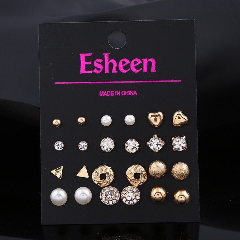 12 Pasang Stud Earring Set | Anting Wanita Korean Style Jewelry Set Alloy Steel Crystal-Gold