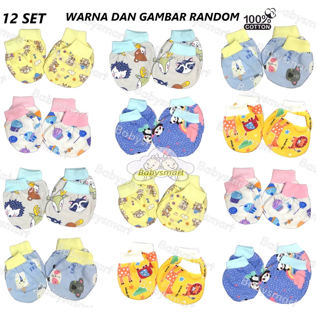 Babysmart - 12 Set Sarung Tangan dan Kaki Bayi STK New Born (NB) RANDOM PREMIUM Bahan 100% Katun DK