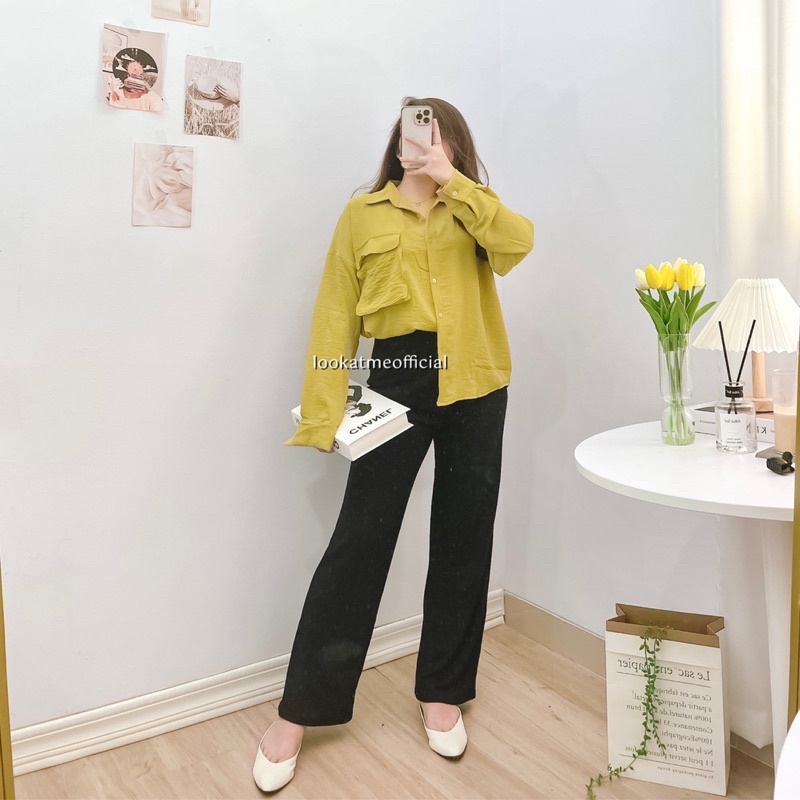 lookatmeofficial • Chloe Pocket Shirt - Atasan Kemeja Blouse Wanita Loose Oversize Bahan Crinkle