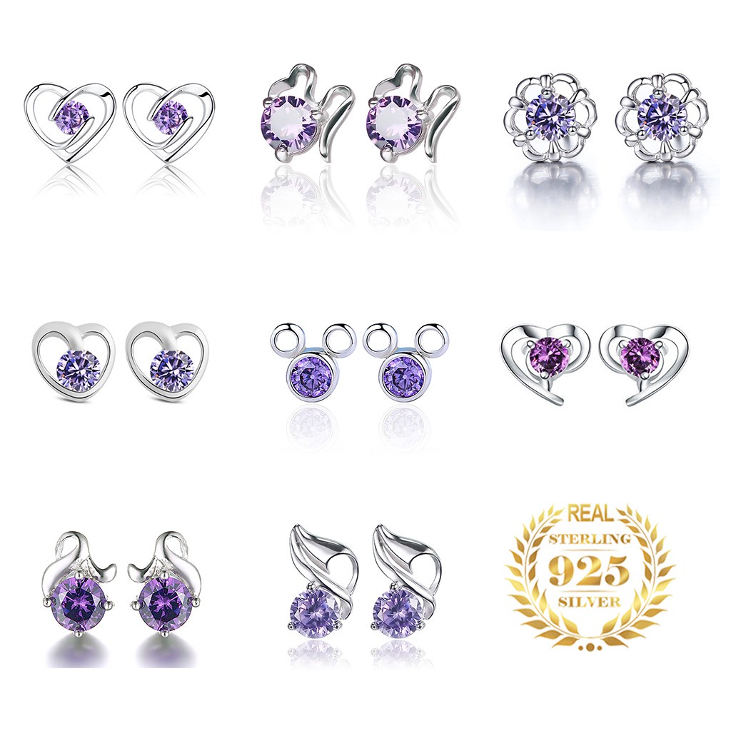 925 Perak Lucu Anting-Anting Anting-Anting Gaya Korea Gadis Ungu Cinta Hati Bentuk Beruntung Daun Rumput Bunga Fashion Ornamen