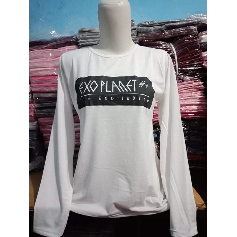 Kaos wanita lengan panjang exo planet putih hitam merah maroon pink navy