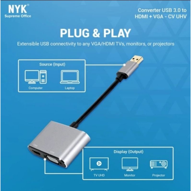 Converter USB to VGA HDMI NYK Dual Output ORIGINAL Jaminan Kualitas