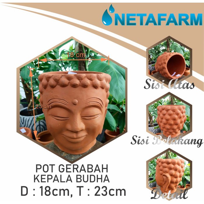 Pot Gerabah Terracotta / terakota / Pot kepala budha ( D = 18,T = 23 )