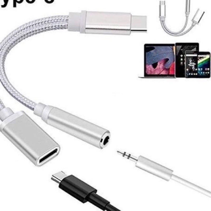 Kabel Splitter 2in1 USB Tipe-C Untuk Jack 3.5 Audio AUX Jack+ Charger C Tali Sepatu