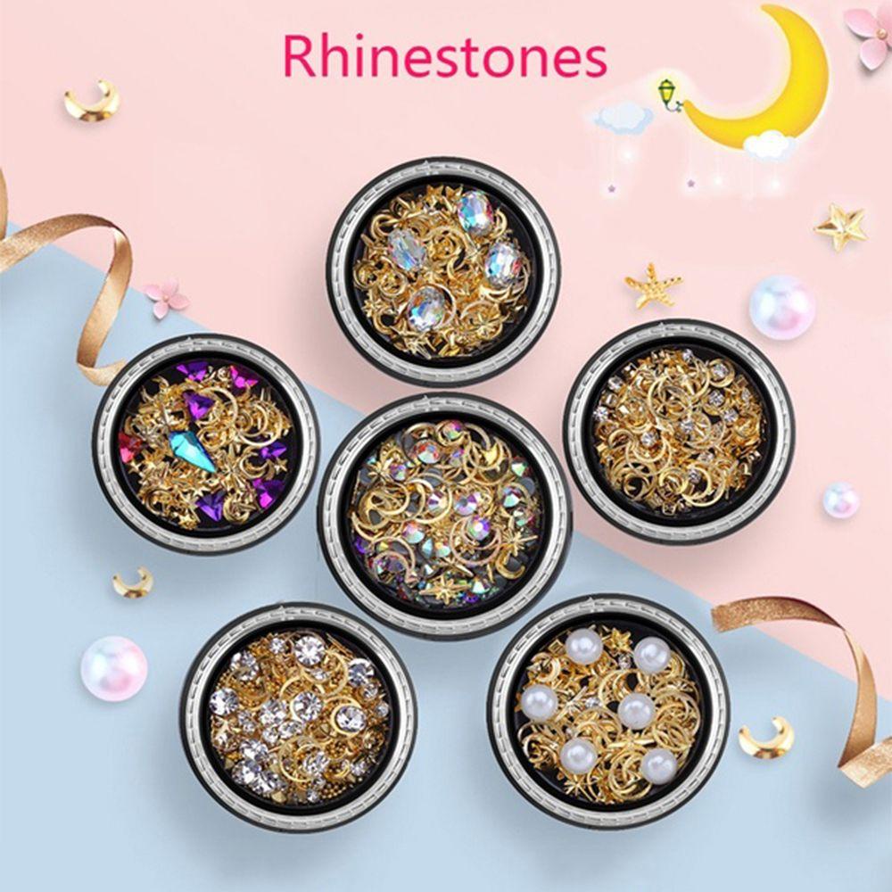 Mxbeauty Kuku Rhinestones DIY Berlian Geometris Kristal Batu 3D Kuku Stiker Bulat Paku Keling Bintang Bulan Tembaga Kuku Glitter