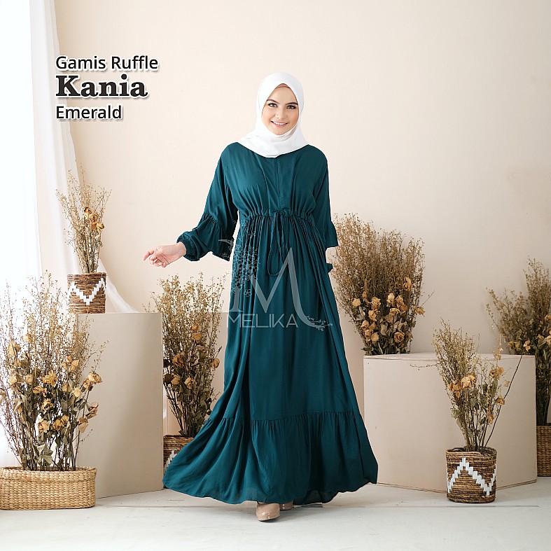 Gamis Wanita Dewasa Bahan Rayon Premium Adem Polos Busui Friendly Ruffle Kania Emerald Hijau Botol