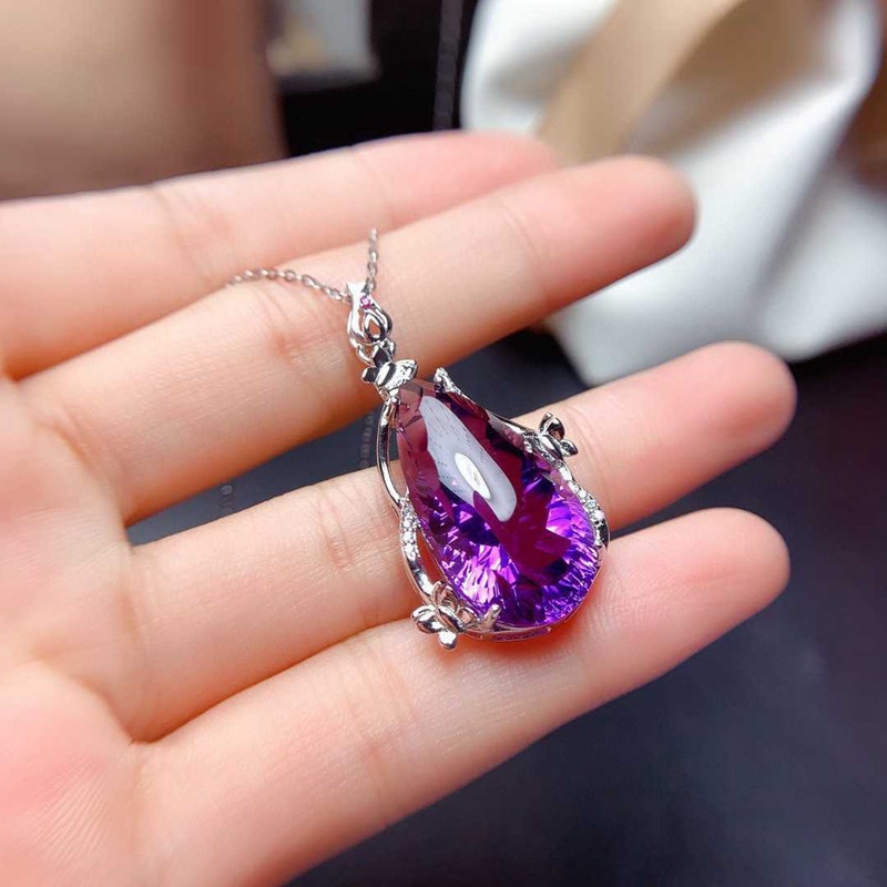 Kalung Rantai Liontin Geometri Hias Kristal Cubic Zirconia Ungu Ala Eropaamerika Untuk Wanita