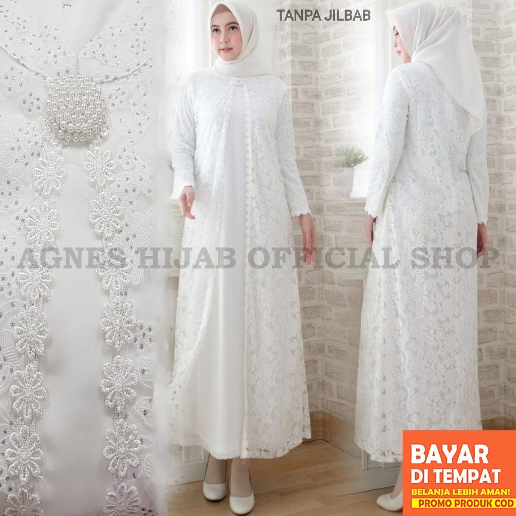 Agnes Hijab - Khadijah Dress Baju Gamis Wanita FULL BRUKAT / Gamis Putih Lebaran Umroh Haji / Busana