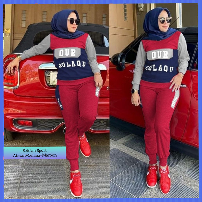 baju olahraga wanita setelan muslim our training sport lari maroon