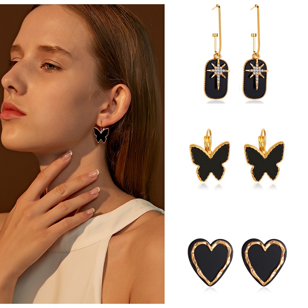 Anting Tusuk Wanita Gaya Korea Motif Love Dan Kupu-Kupu Hitam Aksesoris Fashion Korean Import