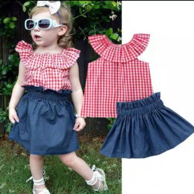 Setelan sabrina anak  impor rok  jeans denim Shopee  Indonesia