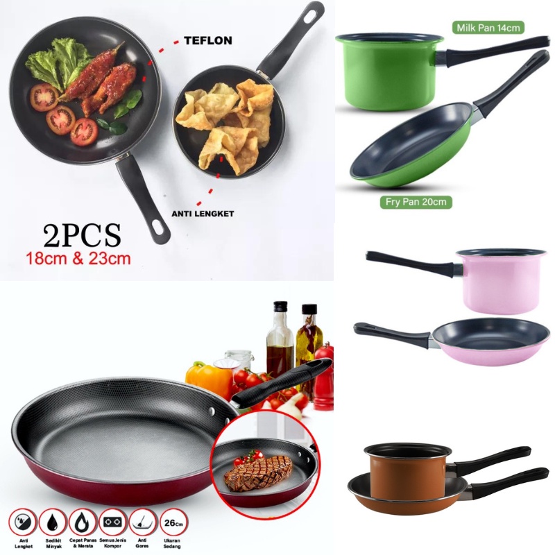 COD Panci Susu Teflon 2 PCS Fray Pan Set Non Stick Teplon Wajan Anti Lengket PASTELA SET / milk pan 14cm frypan 20cm Wajan Set Penggorengan Hitam