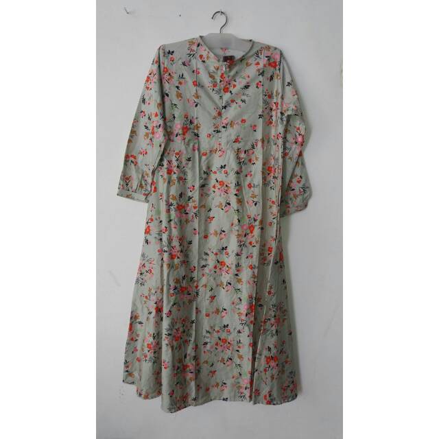 Gamis bahan katun jepang motif bunga abu