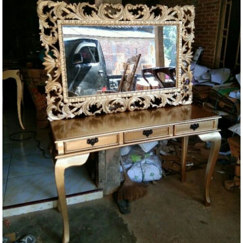 SET MEJA KONSUL CERMIN HIAS UKIR MEWAH WARNA EMAS GOL DAN SILVER BAHAN KAYU JATI MEJA LACI 3