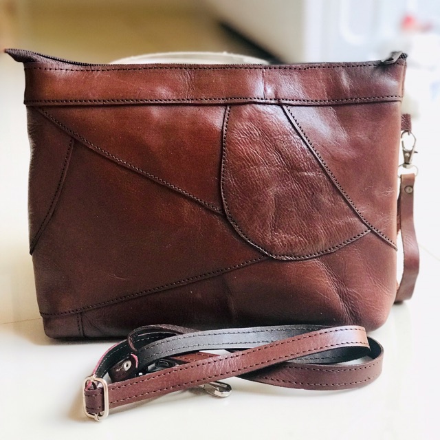 Tas kulit slempang perca kotak kulit nabati