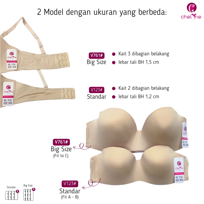 BH Chelyne Seamless Lycra V123 Standar Size / V761 Big Size - Premium Half Cup Bra Polos