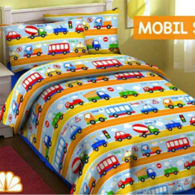 Sprei katun lokal motif anak cars warna kuning