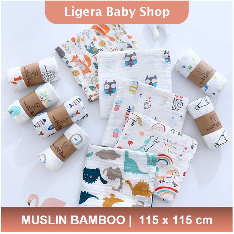 LIGERA Bamboo Muslin Swaddle Bedong Selimut Kain Bayi Lembut  Tidak Panas Premium - Pilih Motif