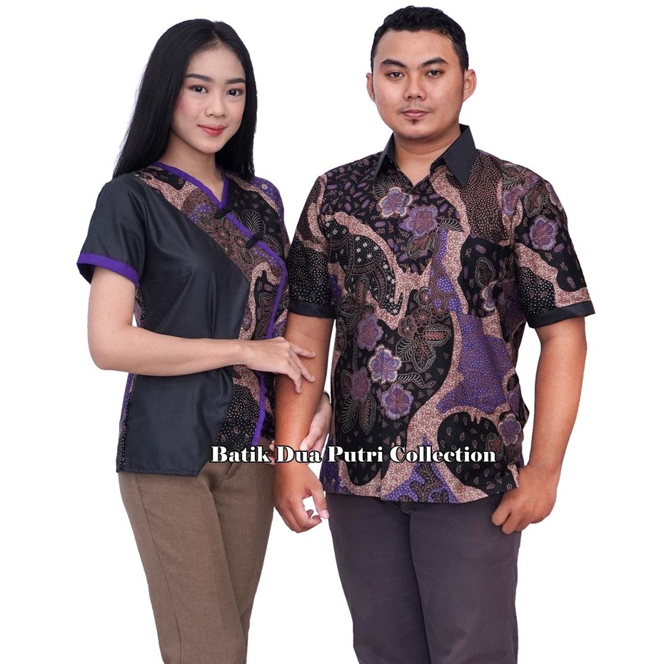 Couple Batik Atasan Wanita Kemeja Pria Wara Ungu Kombinasi Hitam By Batik Dua Putri Collection