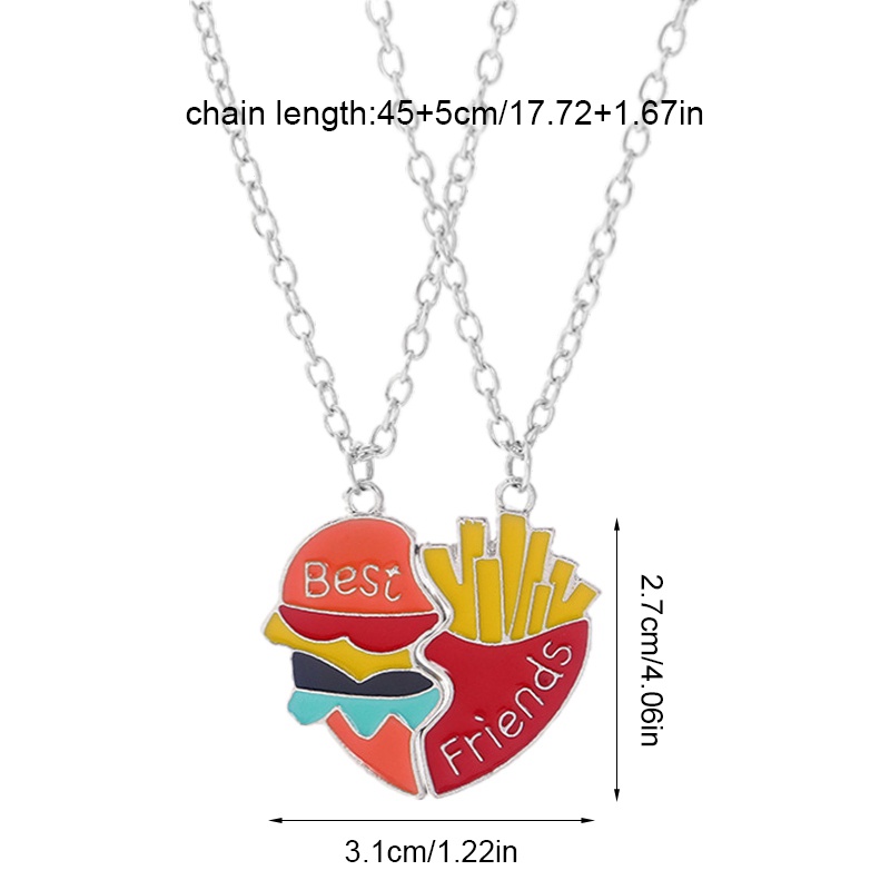 2pcs / Set Kalung Dengan Liontin Bentuk Hati Desain Burger Dan Kentang Goreng