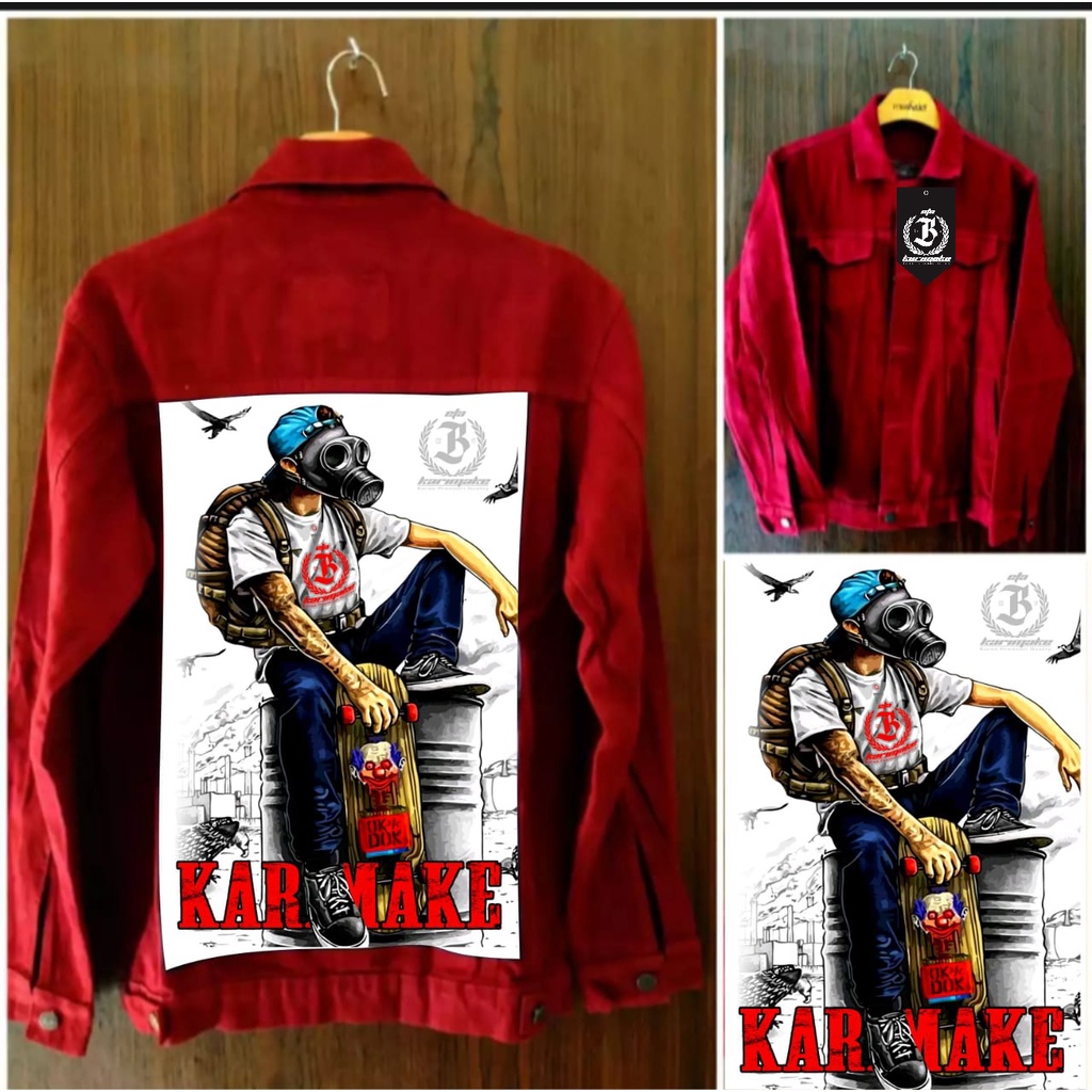 Eta Karimake jaket jeans merah maroon gambar belakang seketboard putih print 3 dimensi terbaru
